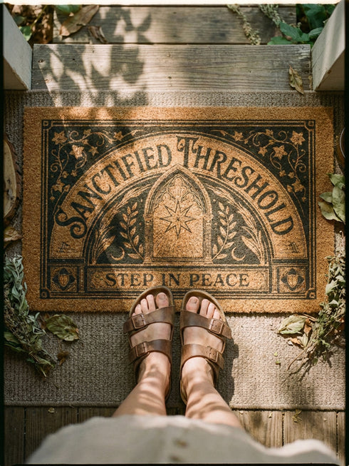 Threshold Doormat featuring a black Gothic arched doorway design on natural tan coir. The design includes a central eight-pointed star sunburst octagram symbol inside the arch, flanked by symmetrical laurel branches and corner ivy vine filigree. This 24x16 protective threshold mat is made of eco-friendly coconut fiber with a stable black vinyl backing. Ideal as a witchy housewarming gift or dark academia entry rug, this warding mat functions as a symbolic threshold guardian for a mystical home.