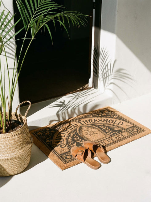 Threshold Doormat featuring a black Gothic arched doorway design on natural tan coir. The design includes a central eight-pointed star sunburst octagram symbol inside the arch, flanked by symmetrical laurel branches and corner ivy vine filigree. This 24x16 protective threshold mat is made of eco-friendly coconut fiber with a stable black vinyl backing. Ideal as a witchy housewarming gift or dark academia entry rug, this warding mat functions as a symbolic threshold guardian for a mystical home.