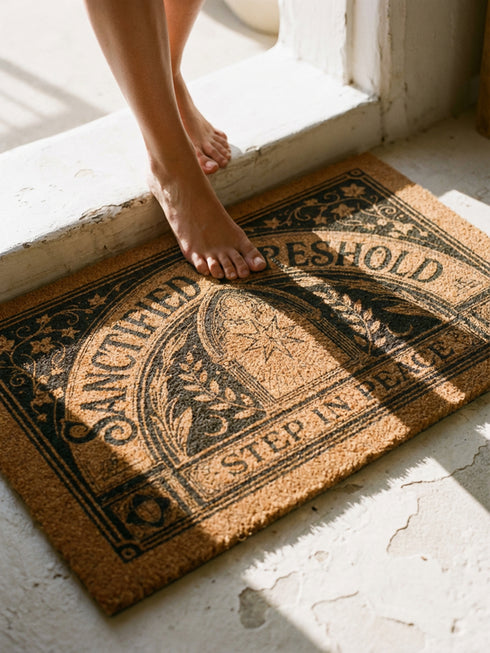 Threshold Doormat featuring a black Gothic arched doorway design on natural tan coir. The design includes a central eight-pointed star sunburst octagram symbol inside the arch, flanked by symmetrical laurel branches and corner ivy vine filigree. This 24x16 protective threshold mat is made of eco-friendly coconut fiber with a stable black vinyl backing. Ideal as a witchy housewarming gift or dark academia entry rug, this warding mat functions as a symbolic threshold guardian for a mystical home.