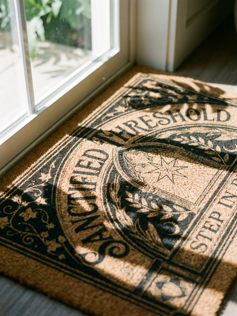 Threshold Doormat featuring a black Gothic arched doorway design on natural tan coir. The design includes a central eight-pointed star sunburst octagram symbol inside the arch, flanked by symmetrical laurel branches and corner ivy vine filigree. This 24x16 protective threshold mat is made of eco-friendly coconut fiber with a stable black vinyl backing. Ideal as a witchy housewarming gift or dark academia entry rug, this warding mat functions as a symbolic threshold guardian for a mystical home.