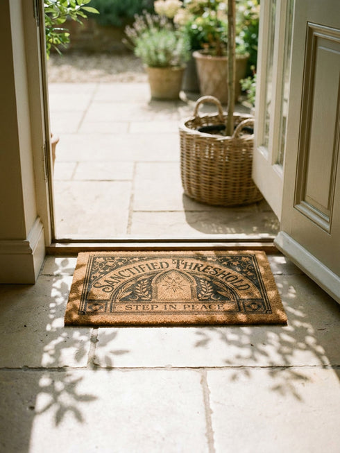 Threshold Doormat featuring a black Gothic arched doorway design on natural tan coir. The design includes a central eight-pointed star sunburst octagram symbol inside the arch, flanked by symmetrical laurel branches and corner ivy vine filigree. This 24x16 protective threshold mat is made of eco-friendly coconut fiber with a stable black vinyl backing. Ideal as a witchy housewarming gift or dark academia entry rug, this warding mat functions as a symbolic threshold guardian for a mystical home.