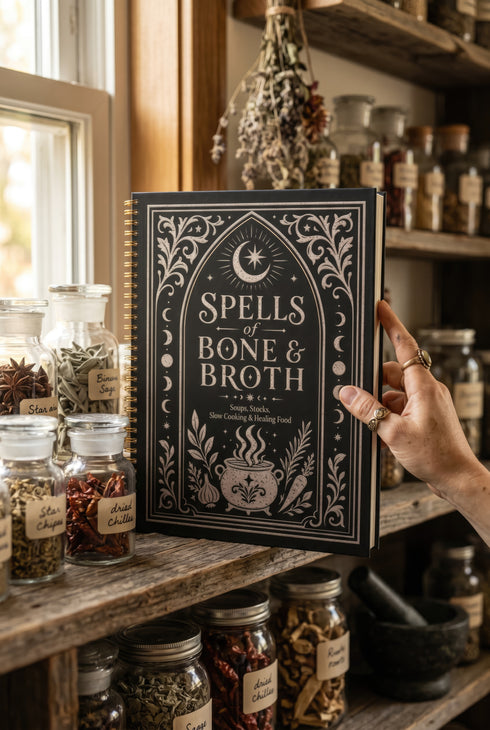 Spiral bound hardcover recipe journal lying flat. The matte black front cover is illustrated with light beige botanical vines, small crescent moons, a radial starburst, and a central cauldron releasing curls of steam, with classical lettering reading Spells of Bone and Broth. A black metal wire-o coil binds the left edge. The interior shows bright white pages printed with a structured recipe template, including labeled sections for ingredients and instructions, over a rigid chipboard backing.