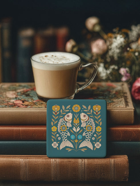 Square ceramic coaster, 4x4 inches, with cork backing. Teal tile features a folk-art twin fish motif framed by florals in mustard, cream, and soft blue. Smooth printed surface; crisp, flat color artwork. Witchy zodiac-inspired Pisces coaster for mystical home décor, coffee table protection, and gifting. Square ceramic drink coaster with cork base, teal fish design.