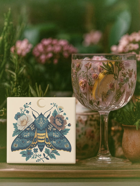Square ceramic coaster, 4x4 inches, with cork backing. Cream tile features a luna-style moth with crescent moon and botanical florals in teal, blue, and gold. Smooth printed surface; clean, flat illustration. Celestial moth coaster for witchy, cottagecore décor and gifting. Square ceramic drink coaster with cork base, luna moth and moon design.
