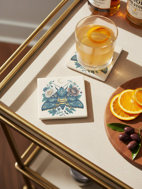 Square ceramic coaster, 4x4 inches, with cork backing. Cream tile features a luna-style moth with crescent moon and botanical florals in teal, blue, and gold. Smooth printed surface; clean, flat illustration. Celestial moth coaster for witchy, cottagecore décor and gifting. Square ceramic drink coaster with cork base, luna moth and moon design.