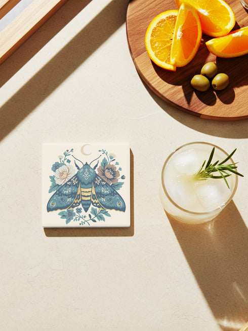 Square ceramic coaster, 4x4 inches, with cork backing. Cream tile features a luna-style moth with crescent moon and botanical florals in teal, blue, and gold. Smooth printed surface; clean, flat illustration. Celestial moth coaster for witchy, cottagecore décor and gifting. Square ceramic drink coaster with cork base, luna moth and moon design.