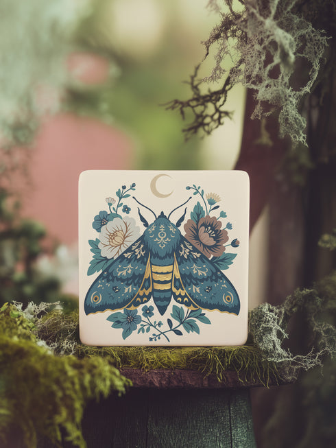 Square ceramic coaster, 4x4 inches, with cork backing. Cream tile features a luna-style moth with crescent moon and botanical florals in teal, blue, and gold. Smooth printed surface; clean, flat illustration. Celestial moth coaster for witchy, cottagecore décor and gifting. Square ceramic drink coaster with cork base, luna moth and moon design.