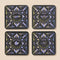 Four black square coasters with shimmering holographic designs. Each features a different herb (Mint, Basil, Bay Leaf, Cinnamon) and associated wealth-attracting phrase in ornate lettering.