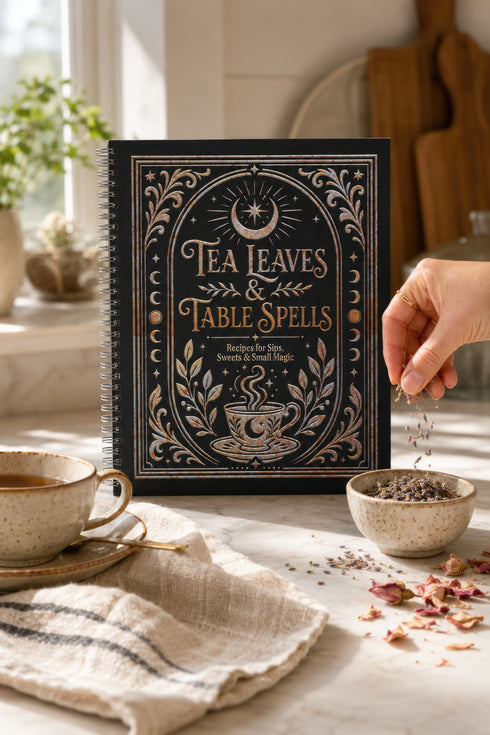 Spiral-bound recipe journal with a black cover and a metallic gold and silver design. The front reads Tea Leaves and Table Spells, Recipes for Sips, Sweets and Small Magic, framed by an arch, a crescent moon and star, moon phases, botanical sprigs, and a steaming teacup. The wire-O binding runs along one edge. Inside are blank fill-in recipe pages with lines for the recipe name, kitchen of origin, prep and cook time, servings, ingredients, and instructions.