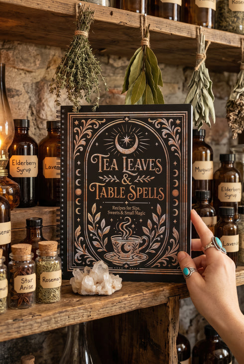 Spiral-bound recipe journal with a black cover and a metallic gold and silver design. The front reads Tea Leaves and Table Spells, Recipes for Sips, Sweets and Small Magic, framed by an arch, a crescent moon and star, moon phases, botanical sprigs, and a steaming teacup. The wire-O binding runs along one edge. Inside are blank fill-in recipe pages with lines for the recipe name, kitchen of origin, prep and cook time, servings, ingredients, and instructions.