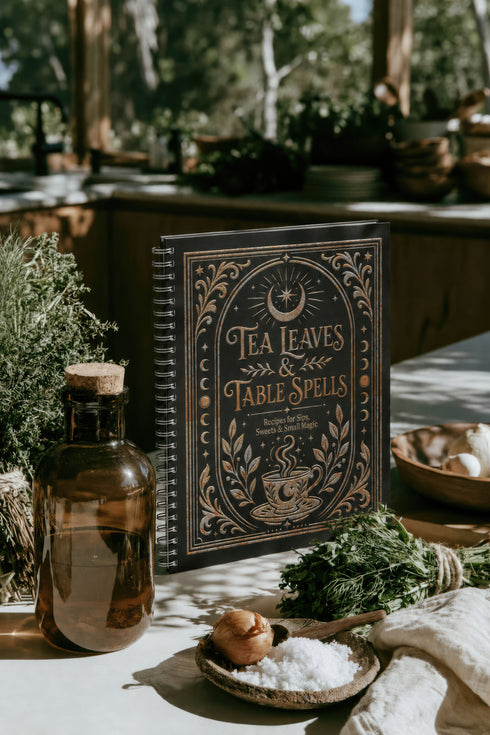 Spiral-bound recipe journal with a black cover and a metallic gold and silver design. The front reads Tea Leaves and Table Spells, Recipes for Sips, Sweets and Small Magic, framed by an arch, a crescent moon and star, moon phases, botanical sprigs, and a steaming teacup. The wire-O binding runs along one edge. Inside are blank fill-in recipe pages with lines for the recipe name, kitchen of origin, prep and cook time, servings, ingredients, and instructions.