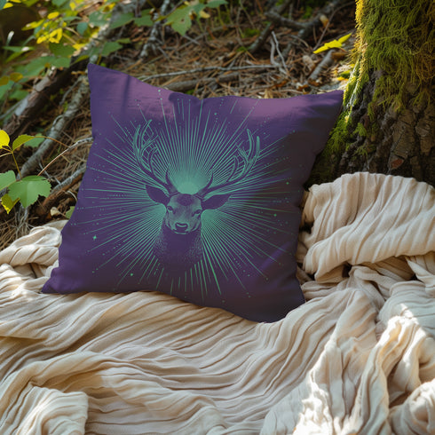 A pillow cover with a bold stag's head emerging from an ethereal burst of mint green rays against deep purple fabric. Delicate starbursts scatter around the deer, creating a celestial effect.