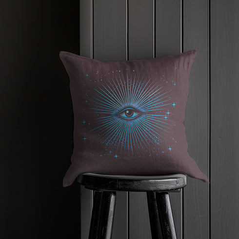 Purple throw pillow cover featuring a radiant blue all-seeing eye design with star-like sparkles, ideal for mystical or cosmic-themed decor.