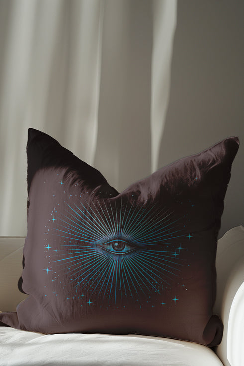Purple throw pillow cover featuring a radiant blue all-seeing eye design with star-like sparkles, ideal for mystical or cosmic-themed decor.