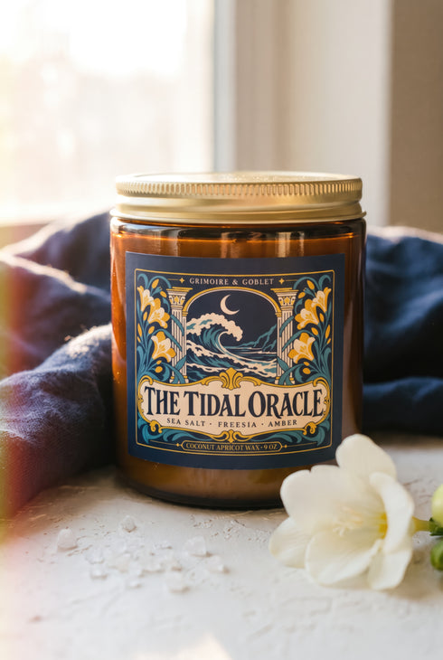 A 9 oz amber glass jar candle with a brushed gold screw lid and a wraparound deep navy label. The label shows a cresting wave beneath a crescent moon, framed by two classical columns and an arched window, with golden art nouveau freesias climbing both sides on teal stems, all inside a fine gold border. A cream banner reads The Tidal Oracle, with Grimoire & Goblet above and Sea Salt, Freesia, Amber and Coconut Apricot Wax, 9 oz below. A celestial coastal design.