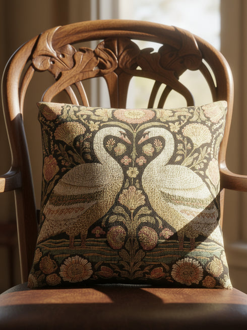 A square decorative throw pillow by Grimoire and Goblet featuring a woven jacquard tapestry design. The pattern displays two regal white swans facing each other with curved necks forming a heart shape, set against a dark background rich with intricate floral botany in beige, dusty rose, and sage green tones. The texture is thick and fabric-like, mimicking vintage needlepoint or Arts and Crafts style. The pillow is stuffed and sewn shut without a visible zipper.