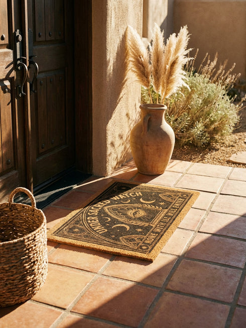A rectangular coir doormat from Grimoire and Goblet featuring a central Eye of Providence within a Gothic arch. The text "UNDER SACRED WATCH" arcs above the design, while "NONE WITH ILL WILL ENTER" is horizontal. The design includes radiant sunburst lines, crescent moons, and eight-pointed stars. Symmetrical Art Nouveau botanicals and corner shields are printed in black on natural tan coconut fiber. This 24 by 16 inch threshold guardian warding mat has a black vinyl backing.