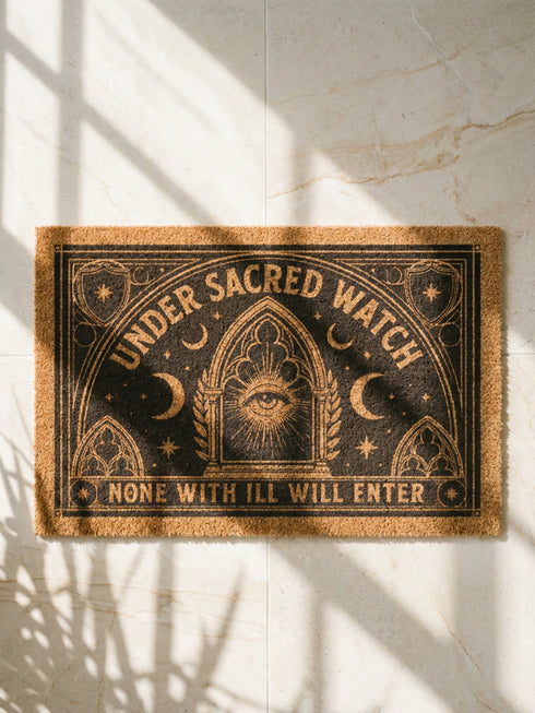 A rectangular coir doormat from Grimoire and Goblet featuring a central Eye of Providence within a Gothic arch. The text "UNDER SACRED WATCH" arcs above the design, while "NONE WITH ILL WILL ENTER" is horizontal. The design includes radiant sunburst lines, crescent moons, and eight-pointed stars. Symmetrical Art Nouveau botanicals and corner shields are printed in black on natural tan coconut fiber. This 24 by 16 inch threshold guardian warding mat has a black vinyl backing.