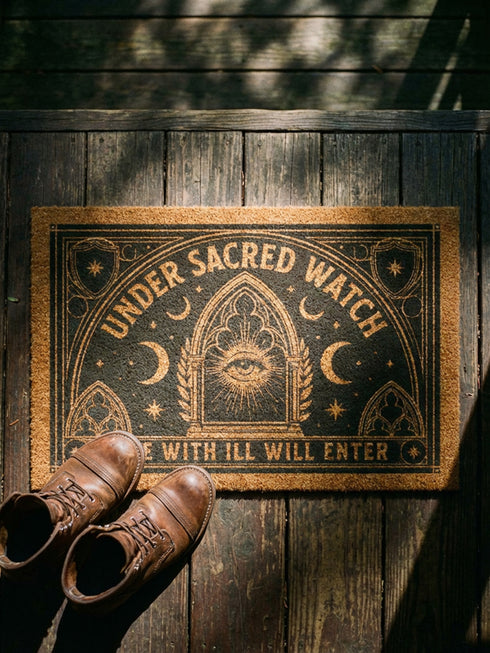 A rectangular coir doormat from Grimoire and Goblet featuring a central Eye of Providence within a Gothic arch. The text "UNDER SACRED WATCH" arcs above the design, while "NONE WITH ILL WILL ENTER" is horizontal. The design includes radiant sunburst lines, crescent moons, and eight-pointed stars. Symmetrical Art Nouveau botanicals and corner shields are printed in black on natural tan coconut fiber. This 24 by 16 inch threshold guardian warding mat has a black vinyl backing.