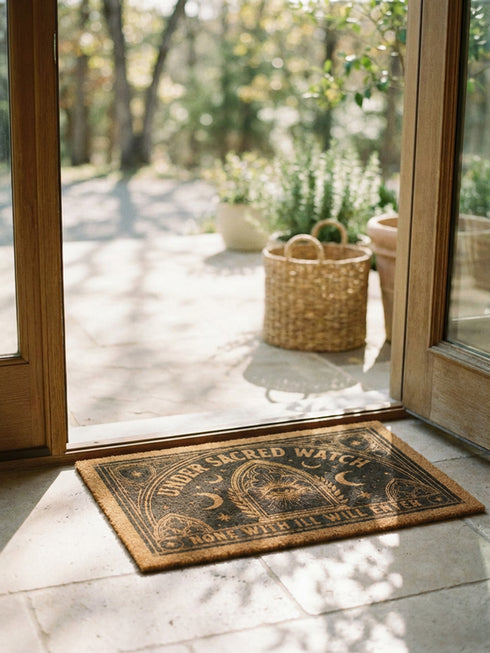 A rectangular coir doormat from Grimoire and Goblet featuring a central Eye of Providence within a Gothic arch. The text "UNDER SACRED WATCH" arcs above the design, while "NONE WITH ILL WILL ENTER" is horizontal. The design includes radiant sunburst lines, crescent moons, and eight-pointed stars. Symmetrical Art Nouveau botanicals and corner shields are printed in black on natural tan coconut fiber. This 24 by 16 inch threshold guardian warding mat has a black vinyl backing.