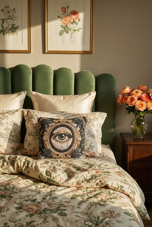 A square woven tapestry throw pillow by Grimoire and Goblet featuring a striking gothic design. The central motif is a large, detailed eye with a teal iris and light blue teardrops, set against pale skin. This eye is encased in an ornate, gold-toned baroque oval frame. The background is deep black, adorned with dark mauve roses and muted green foliage in the corners. The texture is a rich weave.