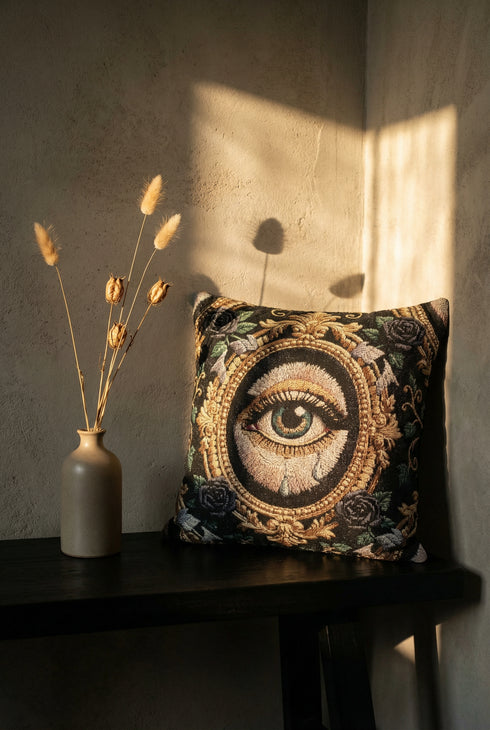 A square woven tapestry throw pillow by Grimoire and Goblet featuring a striking gothic design. The central motif is a large, detailed eye with a teal iris and light blue teardrops, set against pale skin. This eye is encased in an ornate, gold-toned baroque oval frame. The background is deep black, adorned with dark mauve roses and muted green foliage in the corners. The texture is a rich weave.
