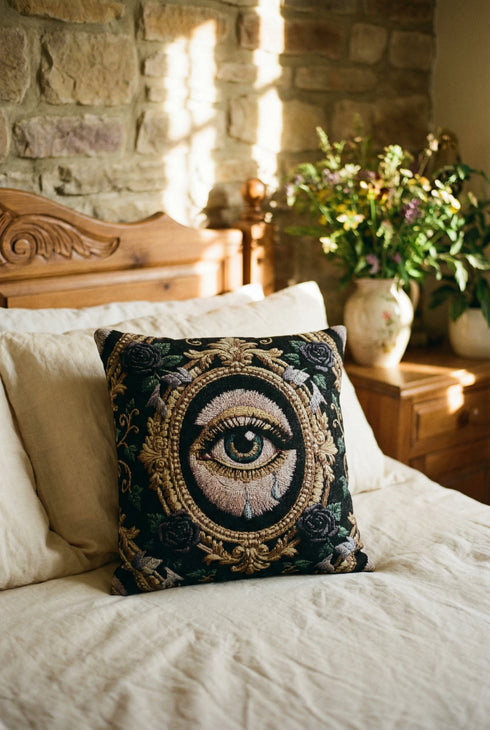 A square woven tapestry throw pillow by Grimoire and Goblet featuring a striking gothic design. The central motif is a large, detailed eye with a teal iris and light blue teardrops, set against pale skin. This eye is encased in an ornate, gold-toned baroque oval frame. The background is deep black, adorned with dark mauve roses and muted green foliage in the corners. The texture is a rich weave.