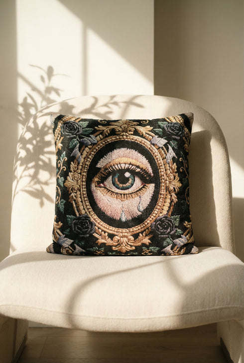 A square woven tapestry throw pillow by Grimoire and Goblet featuring a striking gothic design. The central motif is a large, detailed eye with a teal iris and light blue teardrops, set against pale skin. This eye is encased in an ornate, gold-toned baroque oval frame. The background is deep black, adorned with dark mauve roses and muted green foliage in the corners. The texture is a rich weave.
