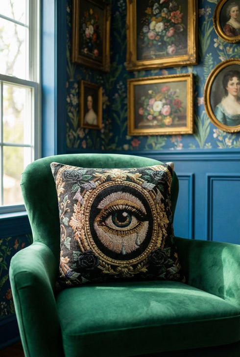 A square woven tapestry throw pillow by Grimoire and Goblet featuring a striking gothic design. The central motif is a large, detailed eye with a teal iris and light blue teardrops, set against pale skin. This eye is encased in an ornate, gold-toned baroque oval frame. The background is deep black, adorned with dark mauve roses and muted green foliage in the corners. The texture is a rich weave.