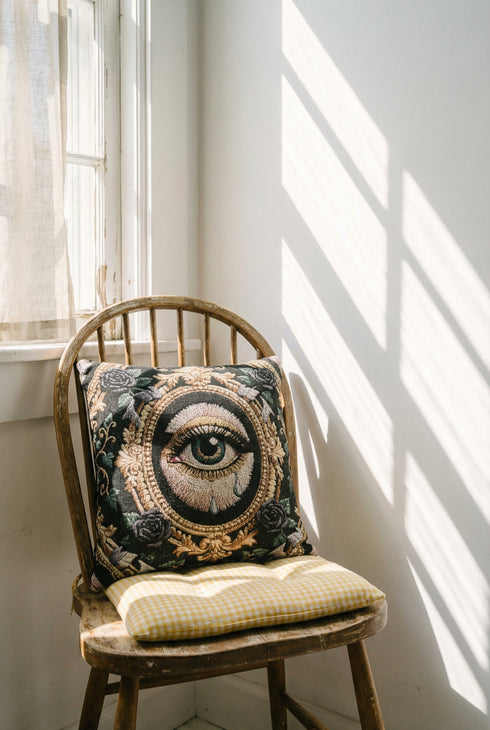 A square woven tapestry throw pillow by Grimoire and Goblet featuring a striking gothic design. The central motif is a large, detailed eye with a teal iris and light blue teardrops, set against pale skin. This eye is encased in an ornate, gold-toned baroque oval frame. The background is deep black, adorned with dark mauve roses and muted green foliage in the corners. The texture is a rich weave.