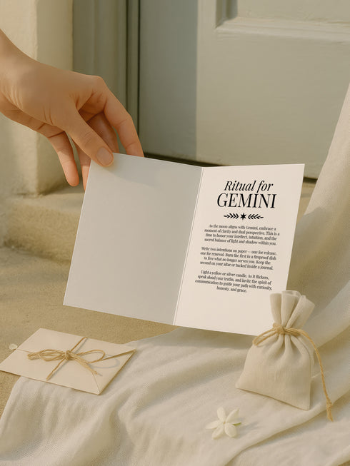 A 5x7 inch Gemini zodiac greeting card featuring twin faces in gold surrounded by floral and celestial motifs. The card reads “Adaptability & Insight” and is printed on rich 120lb silk cover stock with a soft sheen. Interior includes a ritual designed for Gemini energy, emphasizing duality, clarity, and communication. Comes with a white sealable envelope. Ideal for Gemini birthdays, moon rituals, astrological gifts, and air sign altar offerings.