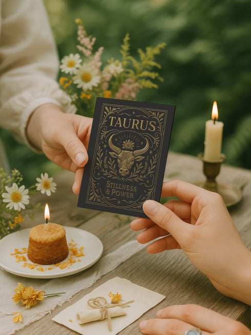 A 5x7 inch Taurus zodiac greeting card featuring a gold-embossed bull with celestial and botanical motifs on a black background. The card reads “Stillness & Power” and includes an interior ritual written for Taurus energy, printed on silky 120lb card stock. Comes with a matching white envelope. Ideal for Taurus birthdays, astrology gifts, and grounding moon rituals. Card is styled with candles, crystals, and nature-inspired props in soft, mystical lighting.