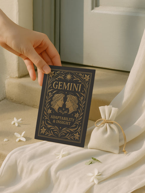 A 5x7 inch Gemini zodiac greeting card featuring twin faces in gold surrounded by floral and celestial motifs. The card reads “Adaptability & Insight” and is printed on rich 120lb silk cover stock with a soft sheen. Interior includes a ritual designed for Gemini energy, emphasizing duality, clarity, and communication. Comes with a white sealable envelope. Ideal for Gemini birthdays, moon rituals, astrological gifts, and air sign altar offerings.