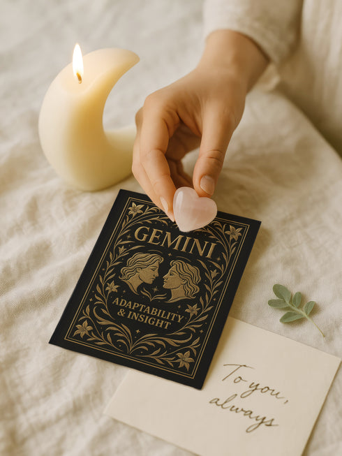 A 5x7 inch Gemini zodiac greeting card featuring twin faces in gold surrounded by floral and celestial motifs. The card reads “Adaptability & Insight” and is printed on rich 120lb silk cover stock with a soft sheen. Interior includes a ritual designed for Gemini energy, emphasizing duality, clarity, and communication. Comes with a white sealable envelope. Ideal for Gemini birthdays, moon rituals, astrological gifts, and air sign altar offerings.