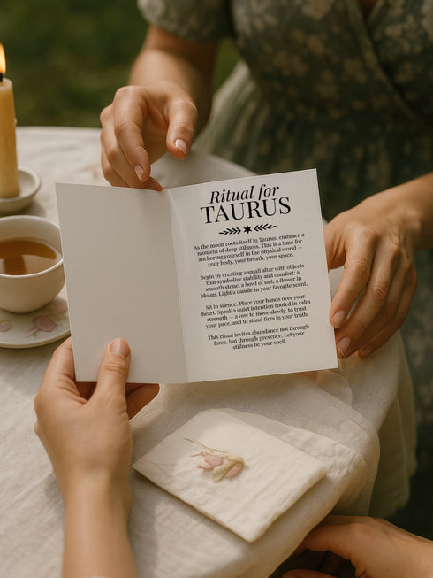 A 5x7 inch Taurus zodiac greeting card featuring a gold-embossed bull with celestial and botanical motifs on a black background. The card reads “Stillness & Power” and includes an interior ritual written for Taurus energy, printed on silky 120lb card stock. Comes with a matching white envelope. Ideal for Taurus birthdays, astrology gifts, and grounding moon rituals. Card is styled with candles, crystals, and nature-inspired props in soft, mystical lighting.