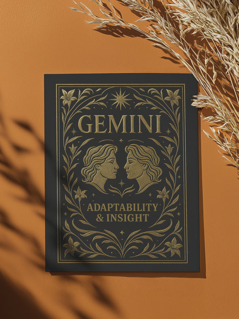 A 5x7 inch Gemini zodiac greeting card featuring twin faces in gold surrounded by floral and celestial motifs. The card reads “Adaptability & Insight” and is printed on rich 120lb silk cover stock with a soft sheen. Interior includes a ritual designed for Gemini energy, emphasizing duality, clarity, and communication. Comes with a white sealable envelope. Ideal for Gemini birthdays, moon rituals, astrological gifts, and air sign altar offerings.