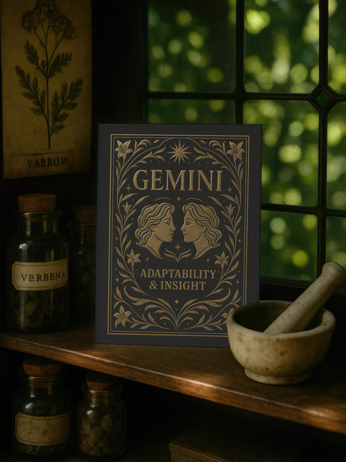 A 5x7 inch Gemini zodiac greeting card featuring twin faces in gold surrounded by floral and celestial motifs. The card reads “Adaptability & Insight” and is printed on rich 120lb silk cover stock with a soft sheen. Interior includes a ritual designed for Gemini energy, emphasizing duality, clarity, and communication. Comes with a white sealable envelope. Ideal for Gemini birthdays, moon rituals, astrological gifts, and air sign altar offerings.