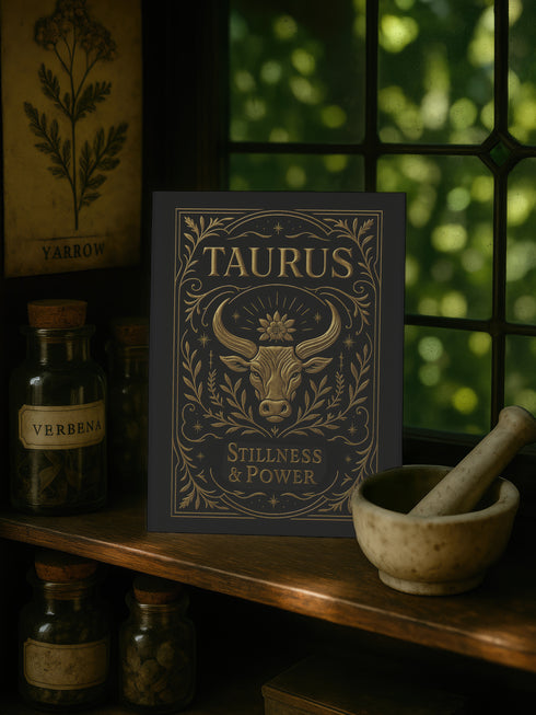 A 5x7 inch Taurus zodiac greeting card featuring a gold-embossed bull with celestial and botanical motifs on a black background. The card reads “Stillness & Power” and includes an interior ritual written for Taurus energy, printed on silky 120lb card stock. Comes with a matching white envelope. Ideal for Taurus birthdays, astrology gifts, and grounding moon rituals. Card is styled with candles, crystals, and nature-inspired props in soft, mystical lighting.
