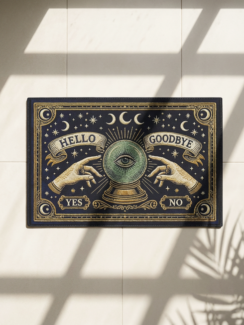 Grimoire and Goblet witchy doormat featuring a deep navy background with antique gold faux embroidered design of a crystal ball with central eye, surrounded by crescent moons, stars, and pointing hands, with ornate border and banner details, rectangular entryway rug with black trim and non-slip backing, mystical occult home decor mat for indoor or covered outdoor use