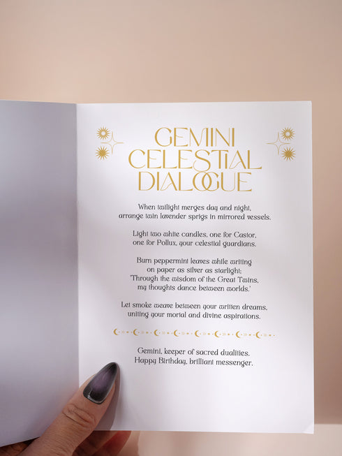 Luxury emerald and gold Art Deco birthday card featuring celestial sun medallion and shell motifs. Inside contains Gemini-specific ritual. Perfect gift for astrology enthusiasts and those who appreciate mystical artwork.