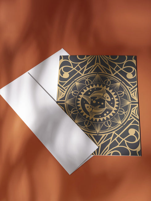 Luxurious black and gold Art Deco birthday card featuring twin fish in circular mandala design with geometric patterns. Contains Pisces dream ritual. Perfect for mystics and dreamers who appreciate elegant artwork.