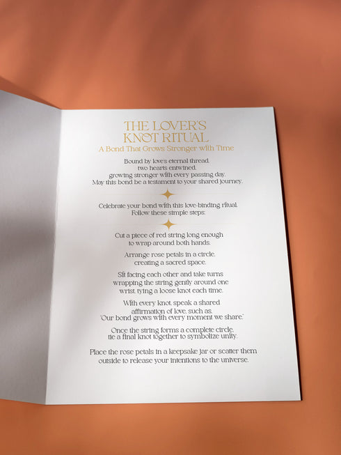 Luxury ritual card featuring gold Art Deco design on deep green with mirrored spirits sharing flame. Contains love binding ceremony with red string ritual. Ideal wedding or romantic gift for couples seeking spiritual connection.
