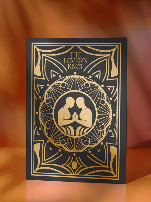 Luxury ritual card featuring gold Art Deco design on deep green with mirrored spirits sharing flame. Contains love binding ceremony with red string ritual. Ideal wedding or romantic gift for couples seeking spiritual connection.