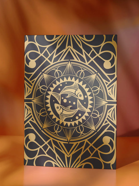 Luxurious black and gold Art Deco birthday card featuring twin fish in circular mandala design with geometric patterns. Contains Pisces dream ritual. Perfect for mystics and dreamers who appreciate elegant artwork.