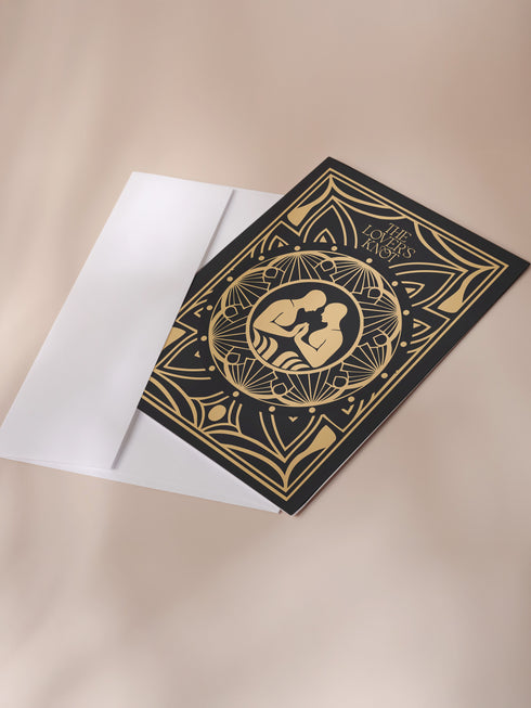 Luxury ritual card featuring gold Art Deco design on deep green with mirrored spirits sharing flame. Contains love binding ceremony with red string ritual. Ideal wedding or romantic gift for couples seeking spiritual connection.