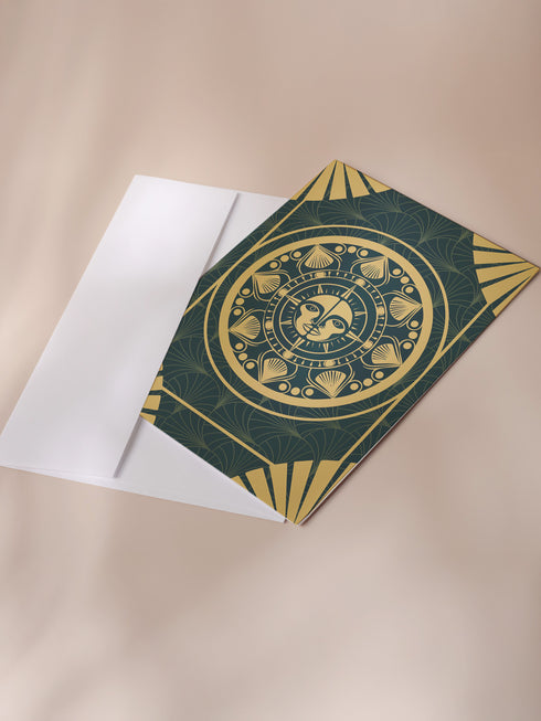 Luxury emerald and gold Art Deco birthday card featuring celestial sun medallion and shell motifs. Inside contains Gemini-specific ritual. Perfect gift for astrology enthusiasts and those who appreciate mystical artwork.
