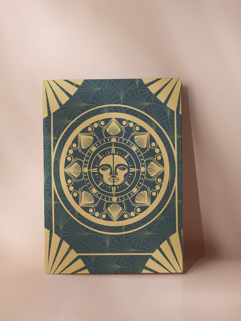 Luxury emerald and gold Art Deco birthday card featuring celestial sun medallion and shell motifs. Inside contains Gemini-specific ritual. Perfect gift for astrology enthusiasts and those who appreciate mystical artwork.