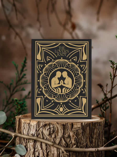 Luxury ritual card featuring gold Art Deco design on deep green with mirrored spirits sharing flame. Contains love binding ceremony with red string ritual. Ideal wedding or romantic gift for couples seeking spiritual connection.