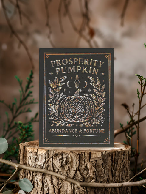 A 5x7 inch Prosperity Pumpkin ritual card shown on a flat surface. The card is made of thick, premium black card stock with a slight sheen. The front features an intricate, centrally-placed pumpkin illustration, ornately detailed with swirling patterns. The pumpkin and surrounding botanical elements, including leaves and cinnamon sticks, are rendered in a shimmering, gold and copper print. The words "Prosperity Pumpkin" and "Abundance & Fortune" are written in a serif font.