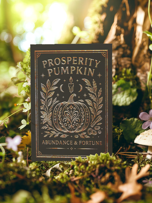 A 5x7 inch Prosperity Pumpkin ritual card shown on a flat surface. The card is made of thick, premium black card stock with a slight sheen. The front features an intricate, centrally-placed pumpkin illustration, ornately detailed with swirling patterns. The pumpkin and surrounding botanical elements, including leaves and cinnamon sticks, are rendered in a shimmering, gold and copper print. The words "Prosperity Pumpkin" and "Abundance & Fortune" are written in a serif font.